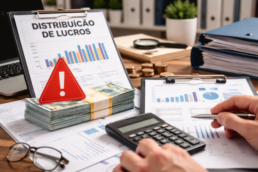 Empresário analisando demonstrativos financeiros e documentos contábeis no escritório, representando a distribuição de lucros com atenção às regras fiscais.