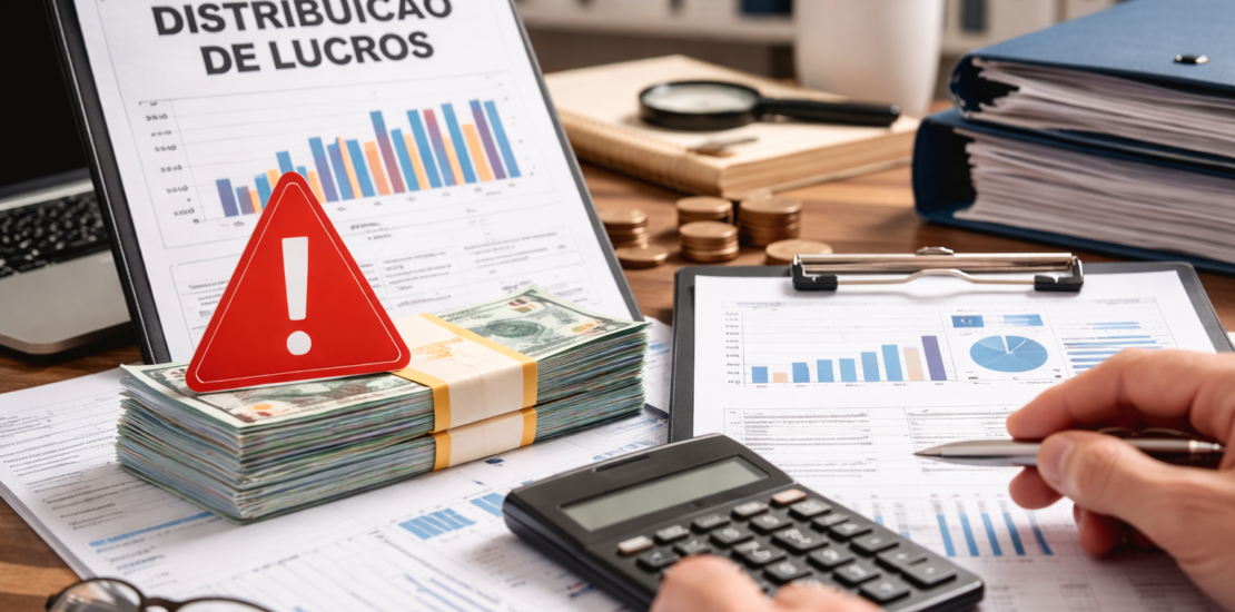 Empresário analisando demonstrativos financeiros e documentos contábeis no escritório, representando a distribuição de lucros com atenção às regras fiscais.