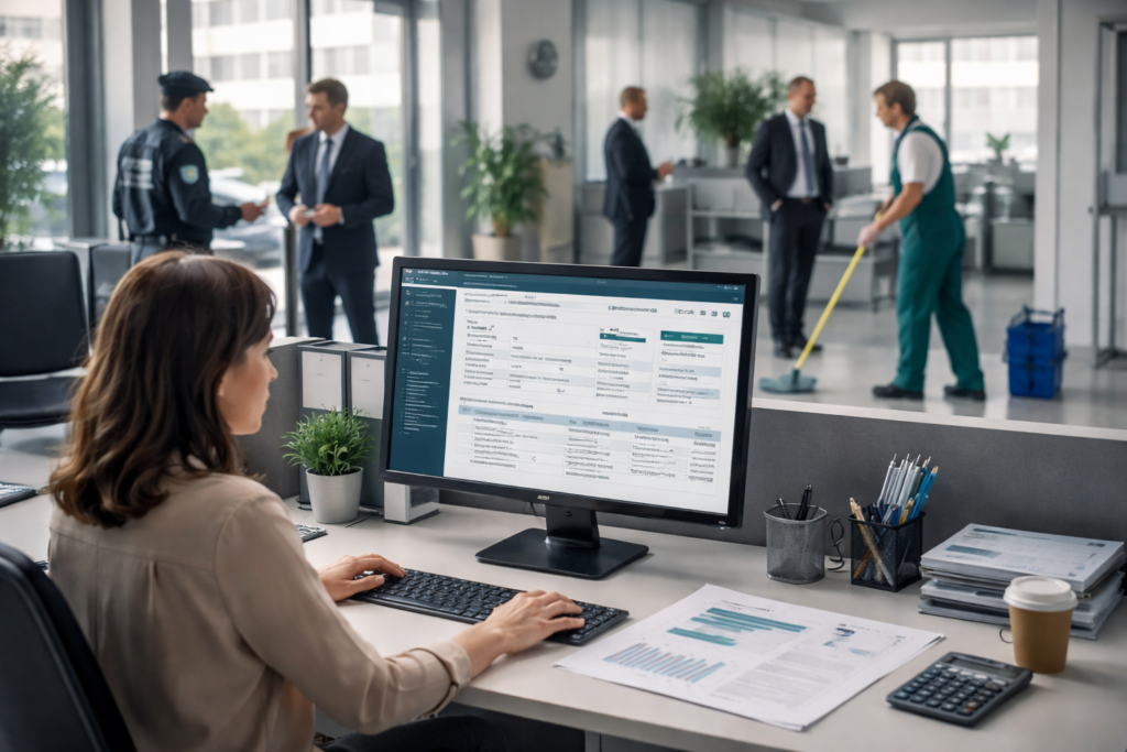 Profissional de faturamento analisando nota fiscal em sistema no computador, enquanto equipe terceirizada de limpeza e segurança atua em um ambiente corporativo moderno.