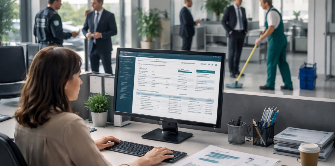 Profissional de faturamento analisando nota fiscal em sistema no computador, enquanto equipe terceirizada de limpeza e segurança atua em um ambiente corporativo moderno.