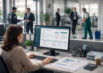 Profissional de faturamento analisando nota fiscal em sistema no computador, enquanto equipe terceirizada de limpeza e segurança atua em um ambiente corporativo moderno.