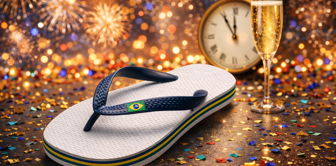 Chinelo estilo Havaianas em destaque com cenário de Réveillon ao fundo, confetes, fogos e taça de espumante em foto realista formato paisagem.