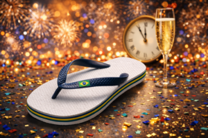 Chinelo estilo Havaianas em destaque com cenário de Réveillon ao fundo, confetes, fogos e taça de espumante em foto realista formato paisagem.