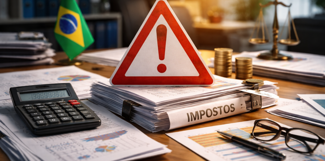Mesa de escritório com documentos fiscais e relatórios, calculadora, moedas e bandeira do Brasil, com símbolo de alerta sobre pilha de papéis.