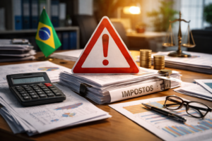 Mesa de escritório com documentos fiscais e relatórios, calculadora, moedas e bandeira do Brasil, com símbolo de alerta sobre pilha de papéis.