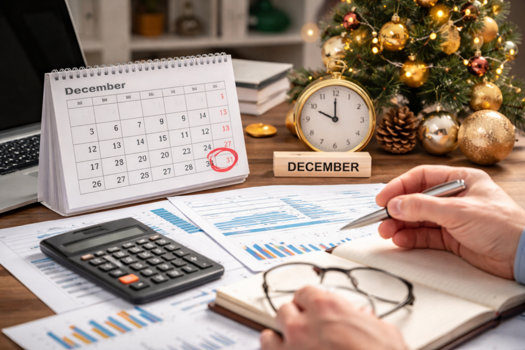 Empresário revisando documentos contábeis e financeiros no escritório, representando ajustes legais e planejamento empresarial antes do encerramento do ano.