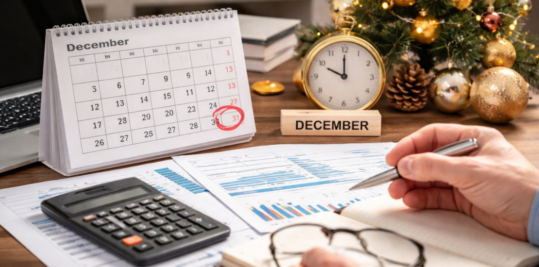 Empresário revisando documentos contábeis e financeiros no escritório, representando ajustes legais e planejamento empresarial antes do encerramento do ano.