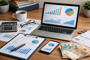 Planejamento financeiro empresarial com gráficos de desempenho, fluxo de caixa e organização contábil em ambiente de escritório profissional.