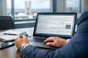 Empresário no DF revisando emissão de documento fiscal eletrônico com destaque informativo de tributos em 2026.