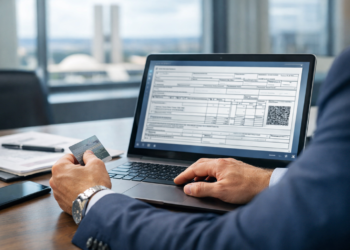 Empresário no DF revisando emissão de documento fiscal eletrônico com destaque informativo de tributos em 2026.