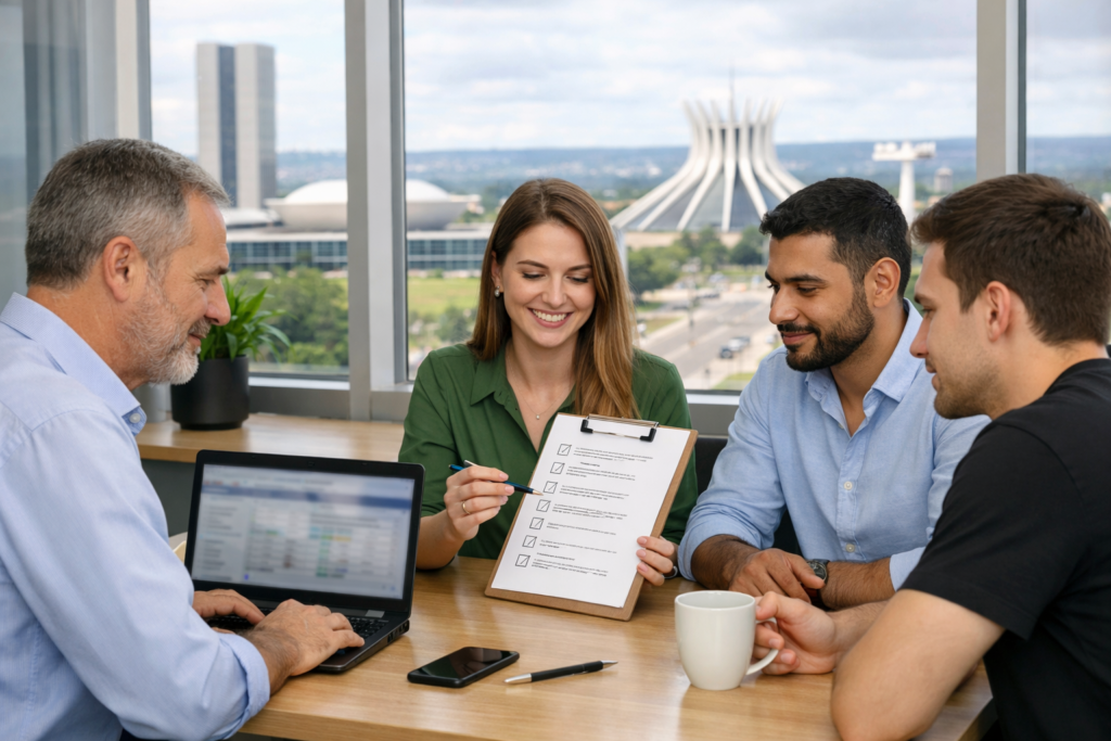 Equipe em Brasília testando integração de NFS-e (RTC) com checklist operacional para evitar falhas na produção.