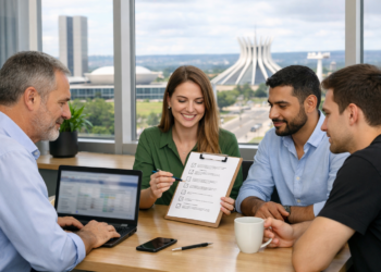 Equipe em Brasília testando integração de NFS-e (RTC) com checklist operacional para evitar falhas na produção.