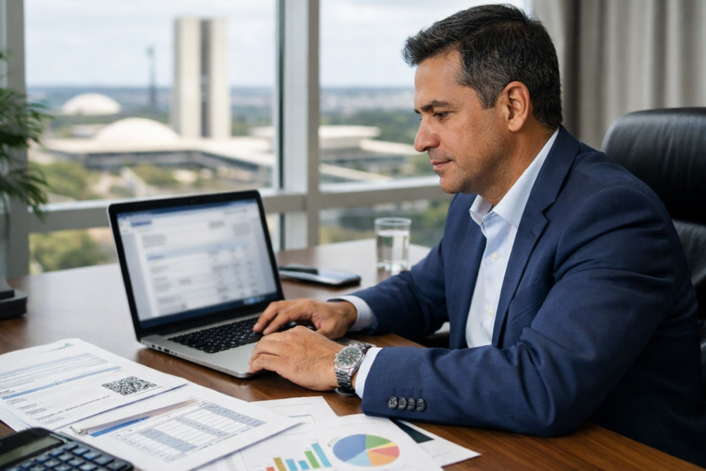 Empresário em Brasília revisando emissão de nota fiscal em 2026 com destaque informativo de CBS e IBS