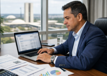 Empresário em Brasília revisando emissão de nota fiscal em 2026 com destaque informativo de CBS e IBS