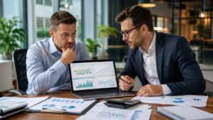 Empresário analisando obrigações fiscais, safra, dólar e custos com apoio contábil.
