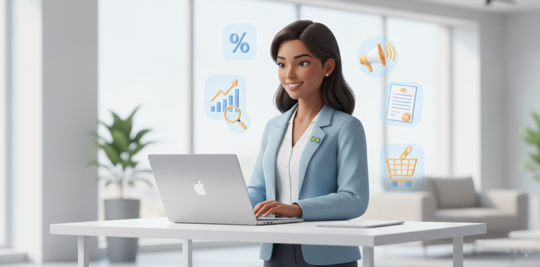Profissional trabalhando em notebook em escritório moderno, com ícones flutuantes representando gráficos de crescimento, marketing digital, documentos fiscais e vendas online, simbolizando a formalização de afiliados digitais no Brasil.