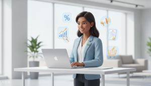 Profissional trabalhando em notebook em escritório moderno, com ícones flutuantes representando gráficos de crescimento, marketing digital, documentos fiscais e vendas online, simbolizando a formalização de afiliados digitais no Brasil.