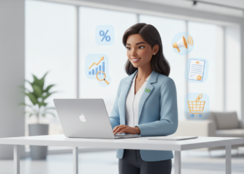 Profissional trabalhando em notebook em escritório moderno, com ícones flutuantes representando gráficos de crescimento, marketing digital, documentos fiscais e vendas online, simbolizando a formalização de afiliados digitais no Brasil.