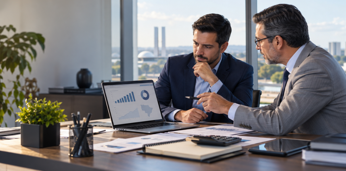 Empresário e contador analisando o Simples Nacional 2027 e os impactos de IBS e CBS.