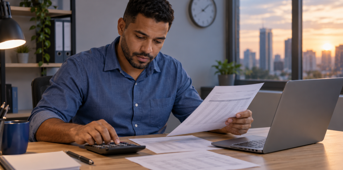 Trabalhador confere o registro de ponto e calcula suas horas extras, com holerite e notebook sobre a mesa.
