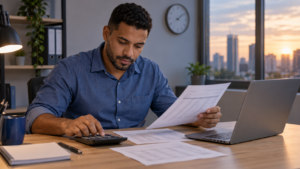 Trabalhador confere o registro de ponto e calcula suas horas extras, com holerite e notebook sobre a mesa.