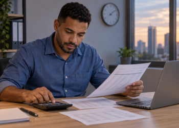Trabalhador confere o registro de ponto e calcula suas horas extras, com holerite e notebook sobre a mesa.