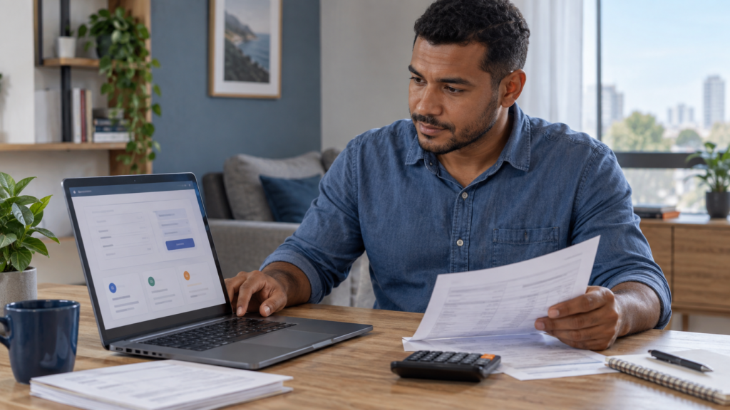 Trabalhador consulta uma calculadora de rescisão trabalhista no notebook enquanto confere documentos do seu acerto.
