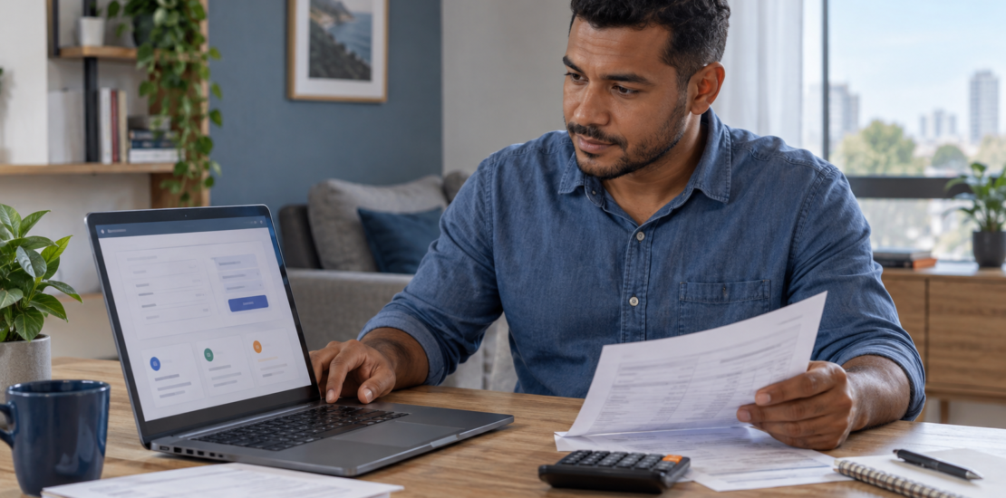 Trabalhador consulta uma calculadora de rescisão trabalhista no notebook enquanto confere documentos do seu acerto.