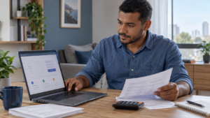 Trabalhador consulta uma calculadora de rescisão trabalhista no notebook enquanto confere documentos do seu acerto.