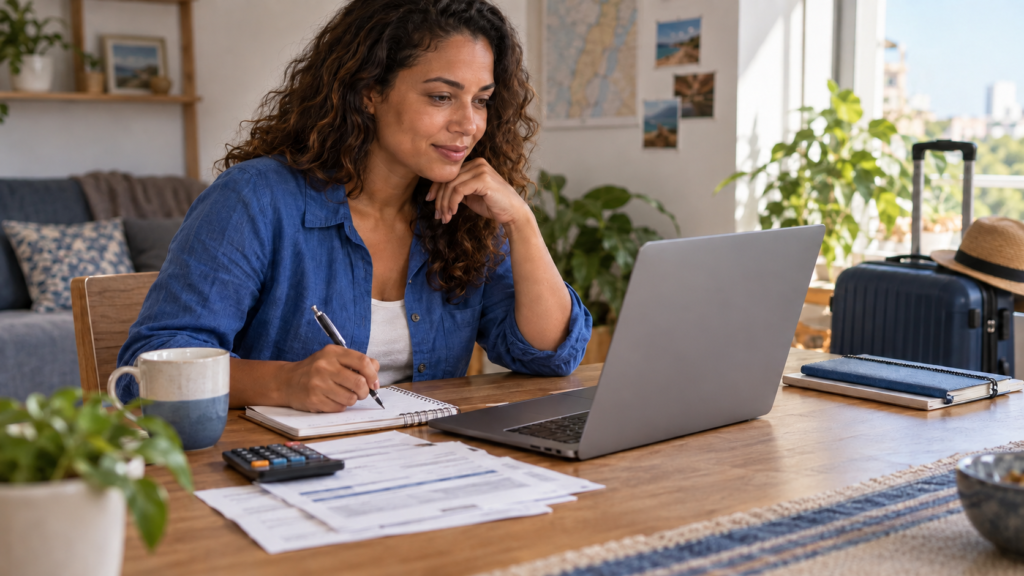 Trabalhadora planeja o orçamento das férias no notebook, com documentos e calculadora sobre a mesa e mala de viagem ao fundo.