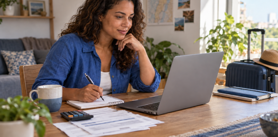 Trabalhadora planeja o orçamento das férias no notebook, com documentos e calculadora sobre a mesa e mala de viagem ao fundo.