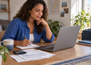 Trabalhadora planeja o orçamento das férias no notebook, com documentos e calculadora sobre a mesa e mala de viagem ao fundo.