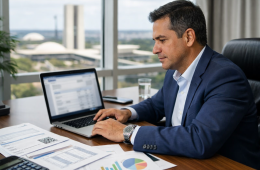 Empresário em Brasília revisando emissão de nota fiscal em 2026 com destaque informativo de CBS e IBS