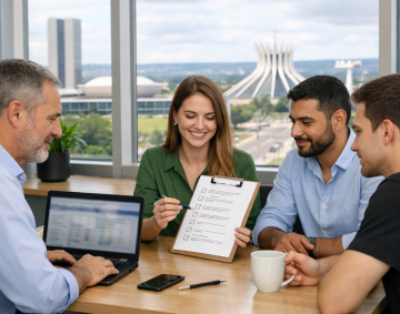 Equipe em Brasília testando integração de NFS-e (RTC) com checklist operacional para evitar falhas na produção.