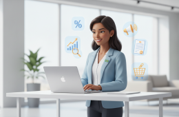 Profissional trabalhando em notebook em escritório moderno, com ícones flutuantes representando gráficos de crescimento, marketing digital, documentos fiscais e vendas online, simbolizando a formalização de afiliados digitais no Brasil.