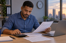 Trabalhador confere o registro de ponto e calcula suas horas extras, com holerite e notebook sobre a mesa.