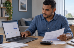 Trabalhador consulta uma calculadora de rescisão trabalhista no notebook enquanto confere documentos do seu acerto.