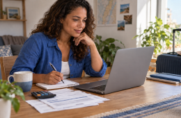 Trabalhadora planeja o orçamento das férias no notebook, com documentos e calculadora sobre a mesa e mala de viagem ao fundo.